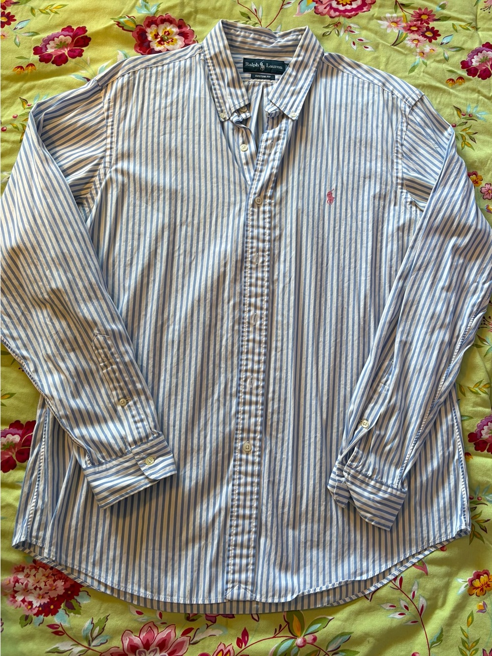 Ralph Lauren Custom Fit blue white striped button up shirt XL 32”x25” EUC